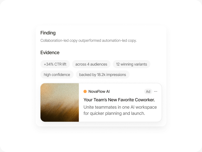 A campaign finding shown with supporting lift, audience, variant, confidence, and impression evidence